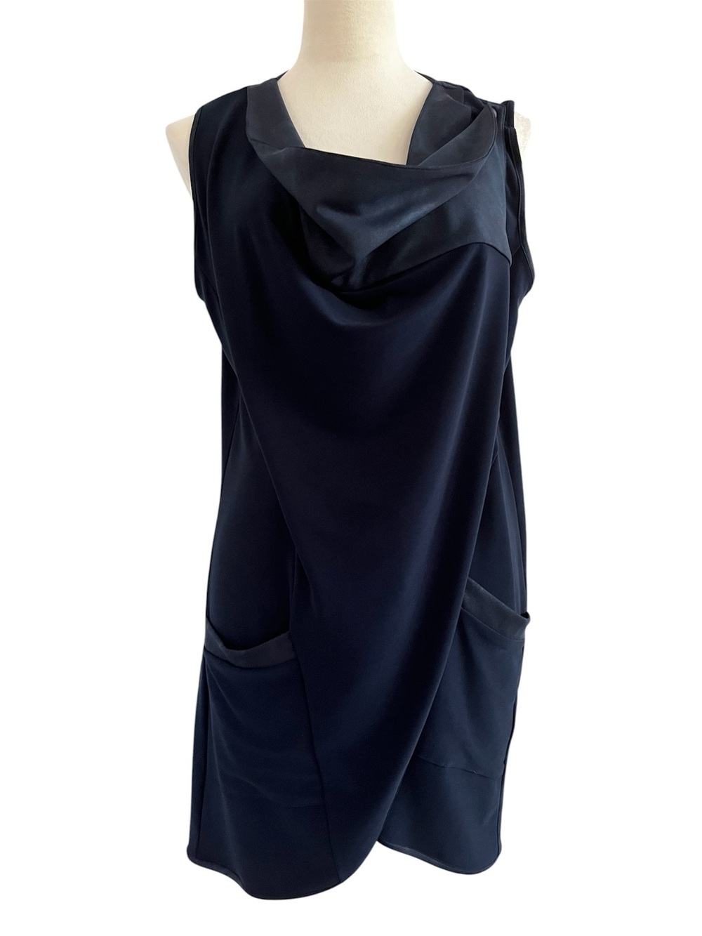 Sympli Navy Blue Draped Wrap Tunic Dress Cowl Neck Button Detail Size 6
